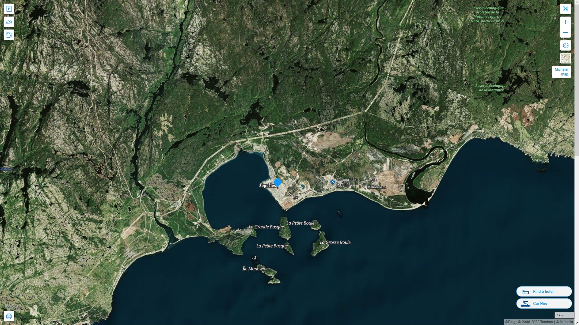 Sept iles Canada Autoroute et carte routiere avec vue satellite